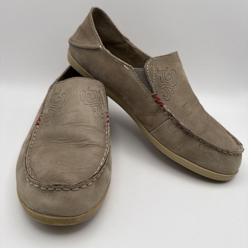 OluKai Womens Nohea Beige Nubuck Leather Shoes Size 9 Loafers 20174-8A20 Comfort